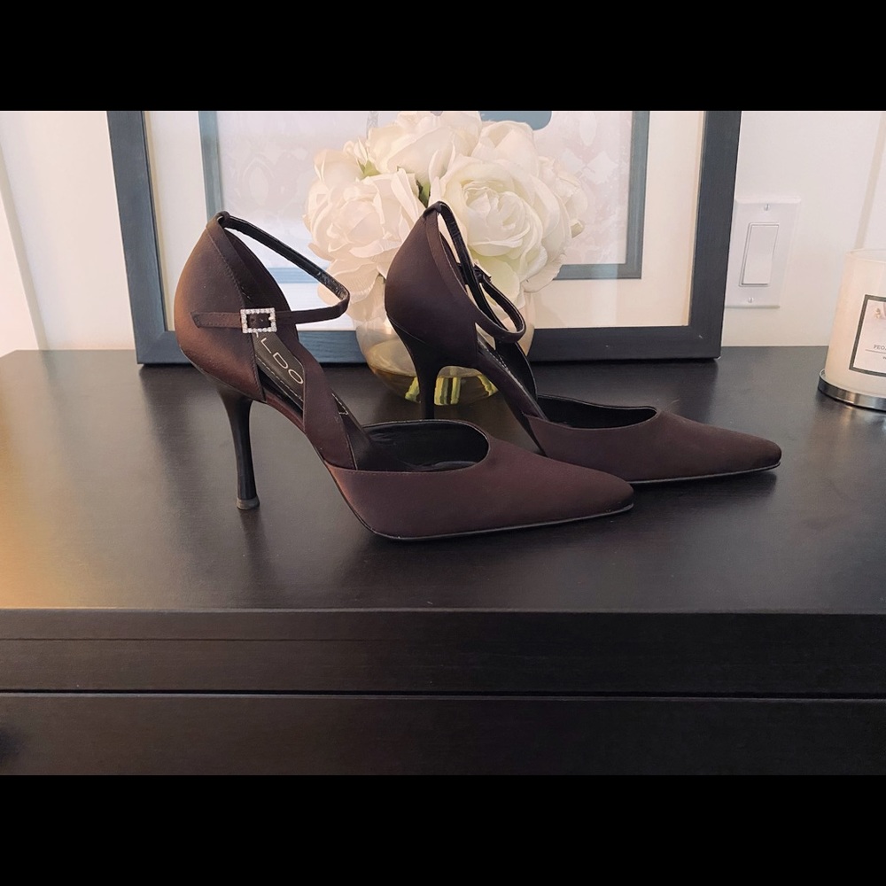 ALDO Brown Satin Pointy-toe Heels with Rhinestone Buckle